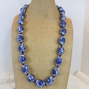 Vintage Blue and White Oriental Porcelain Double knotted Beaded Necklace